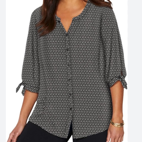 Catherines Black White Floral Blouse 4X Button Front Tie Sleeve Top - Picture 1 of 9